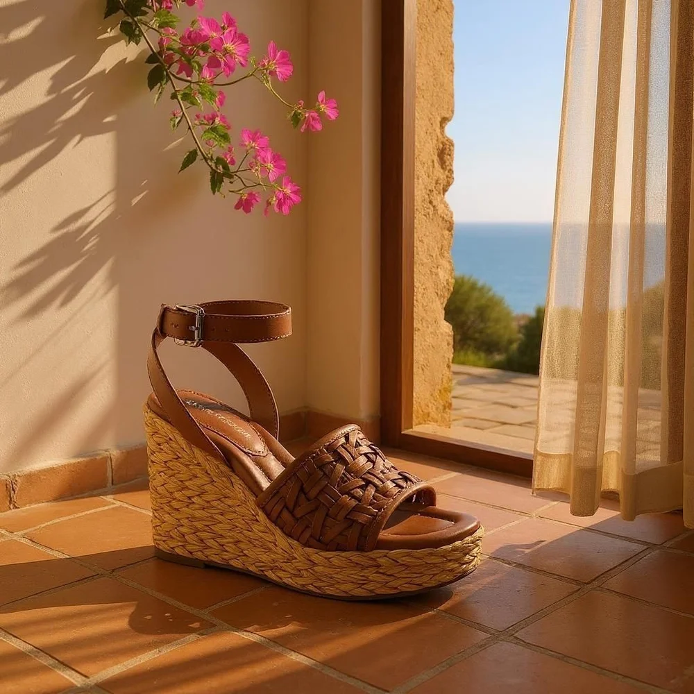 Marc Fisher Women Braided Raffia Chunky Platform Sandals 10 M Cognac Brown